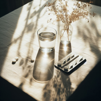 Таблетки и стакан воды на столе